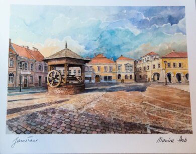 obraz akwarela widok na studnię miejską