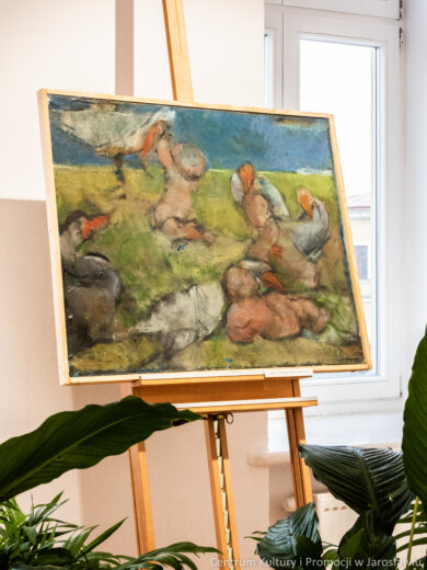 Irena Oryl – wystawa jubileuszowa obraz Ireny Oryl na sztaludze w sali nr 1