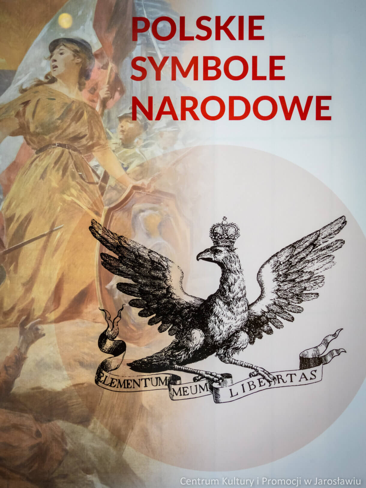 napis polskie symbole narodowe w tle postać kobiety oraz orzeł