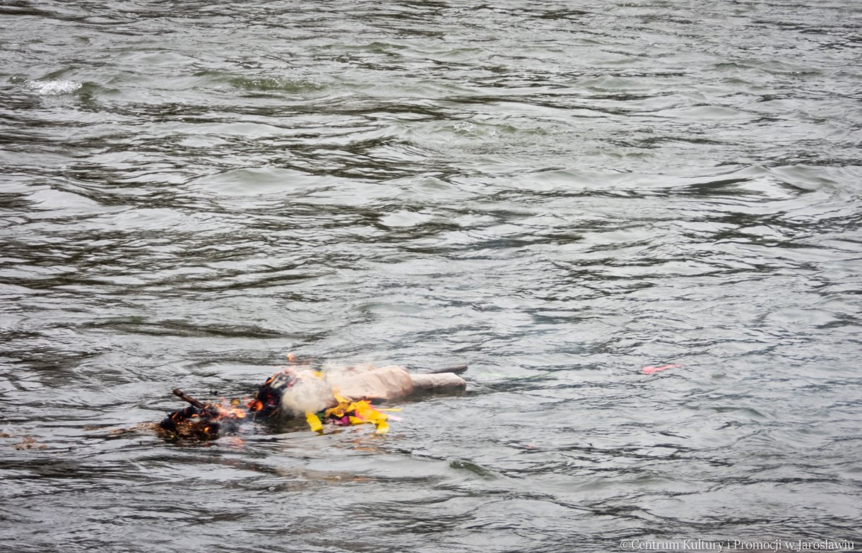 kukiełka symbolizująca marzannę odpływa z nurtem Sanu