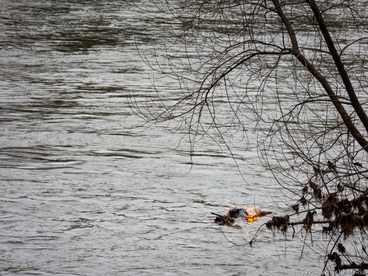 kukiełka symbolizująca marzannę odpływa z nurtem Sanu