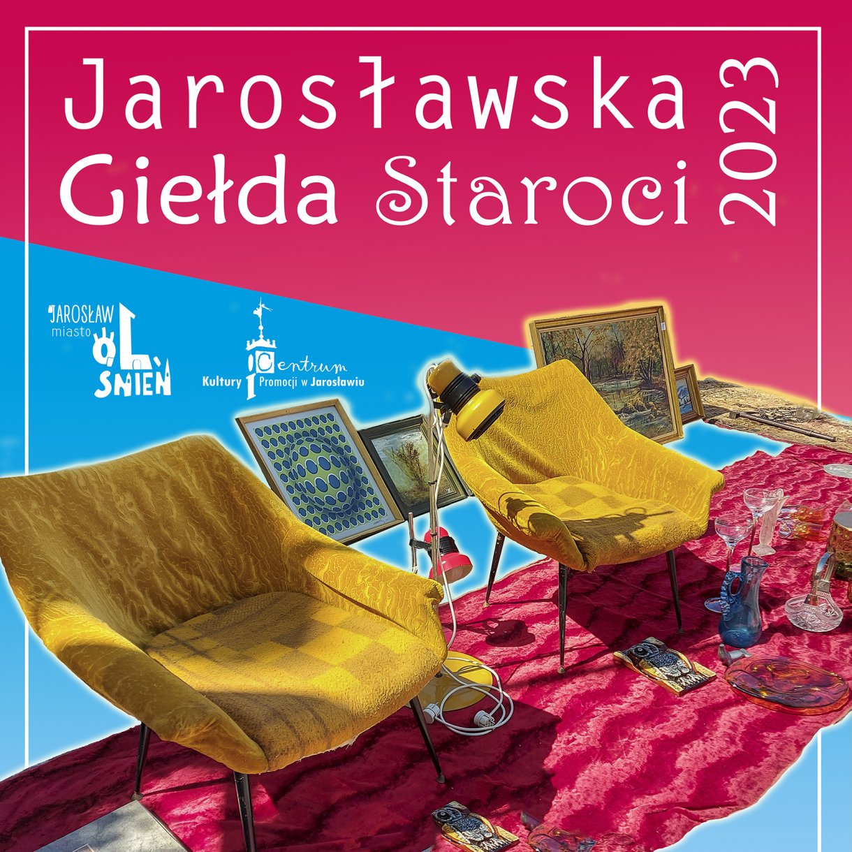 Żółte fotele na różowym dywanie / tekst: Jarosławska Giełda Staroci 2023