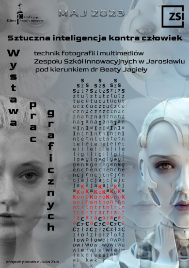 Sztuczna inteligencja kontra człowiek Z lewej twarz kobiety, z prawej twarz mechanicznej kobiety - cyborga, w środku wzór utworzony z tekstu: sztuczna inteligencji kontra człowiek. Tekst w treści aktualności