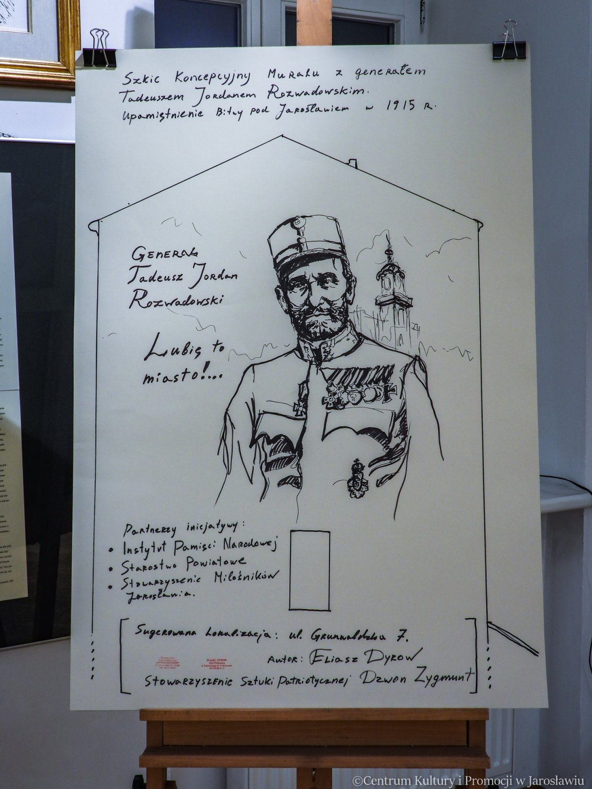 szkic koncepcyjny miralu z generałem Tadeuszem Jordanem Rozwadowskim upamietniający bitwę pod Jarosławiem w 1915 r, prezentowany podczas finisażu wystawy 