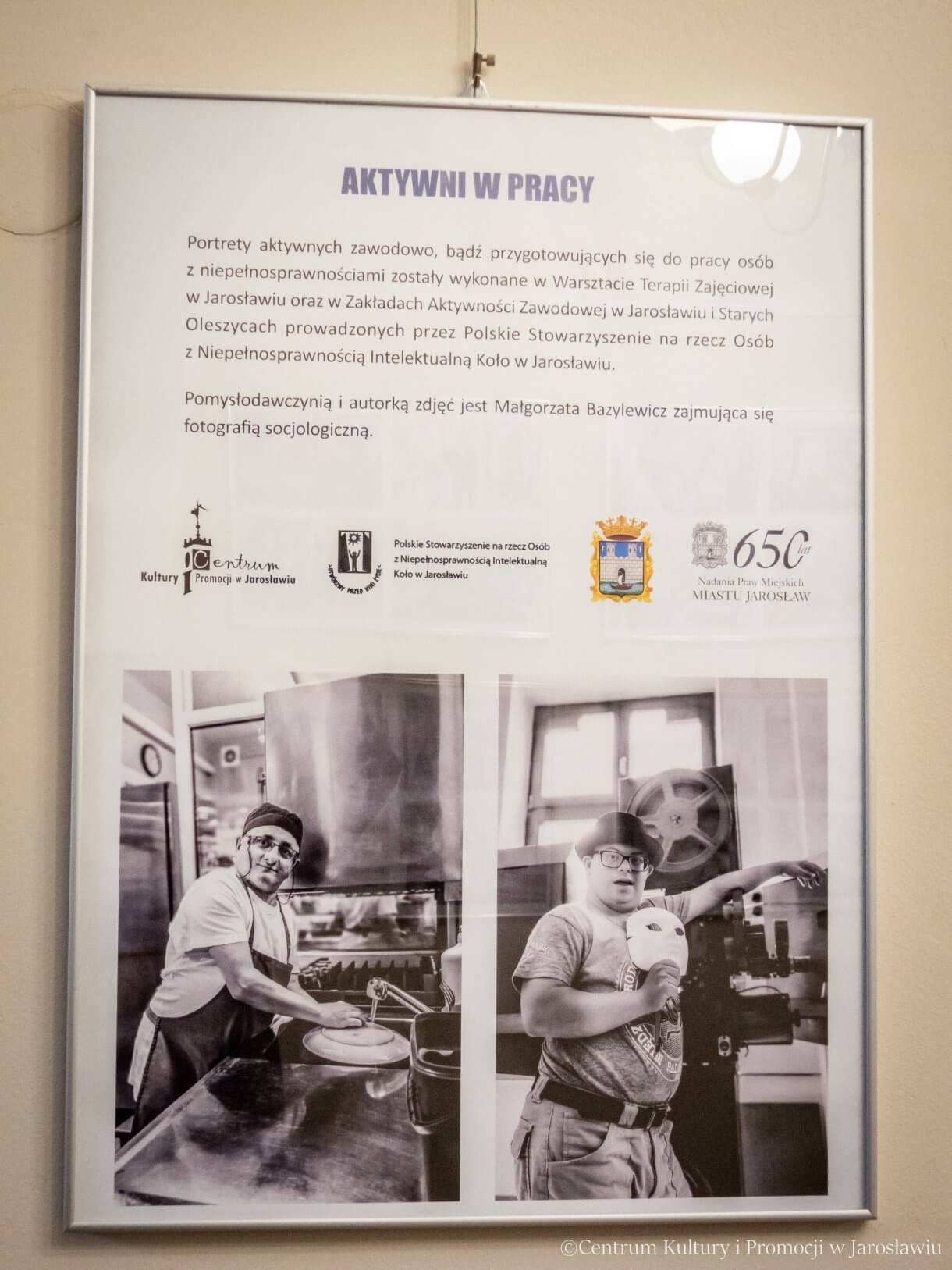 Galerii w Holu – AKTYWNI W PRACY - Portrety aktywnych zawodowo, bądź przygotowujących się do pracy osób z niepełnosprawnościami zostały wykonane w Warsztacie Terapii Zajęciowej w Jarosławiu oraz Zakładach Aktywności Zawodowej w Jarosławiu i Starych Oleszycach prowadzonych przez Polskie Stowarzyszenie na Rzecz Osób z Niepełnosprawnością Intelektualną Koło w Jarosławiu. Pomysłodawczynią i autorką zdjęć jest Małgorzata Bazylewicz zajmująca się fotografią socjologiczną.