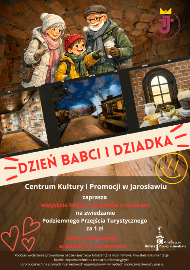 Dzień Babci i Dziadka to doskonała okazja, by podarować sobie coś najcenniejszego – wspólnie spędzony czas i wyjątkowe przeżycia, które zbudują wspomnienia na lata  Dlatego 21 i 22 stycznia zapraszamy na wspólne świętowanie Dnia Babci i Dziadka w Podziemnym Przejściu Turystycznym w Jarosławiu  – miejscu pełnym historii, legend i niezwykłych opowieści Każda babcia i każdy dziadek, którzy w tych dniach odwiedzą nas z wnukami, zapłacą za zwiedzanie tylko 1 zł! Do zobaczenia! 