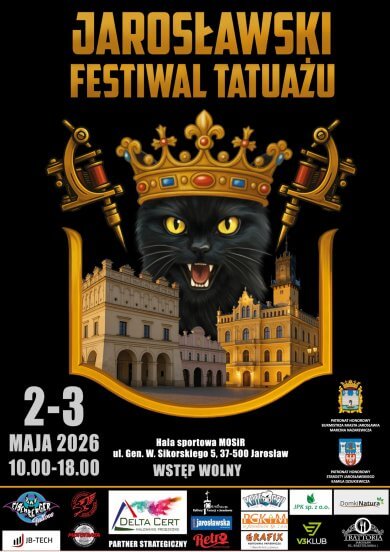 Zapraszamy na Jarosławski Festiwal Tatuażu 2-3 maja 2026 10.00 – 18.00 Hala Sportowa MOSiR Ul. Gen. W. Sikorskiego 5, Wstęp wolny