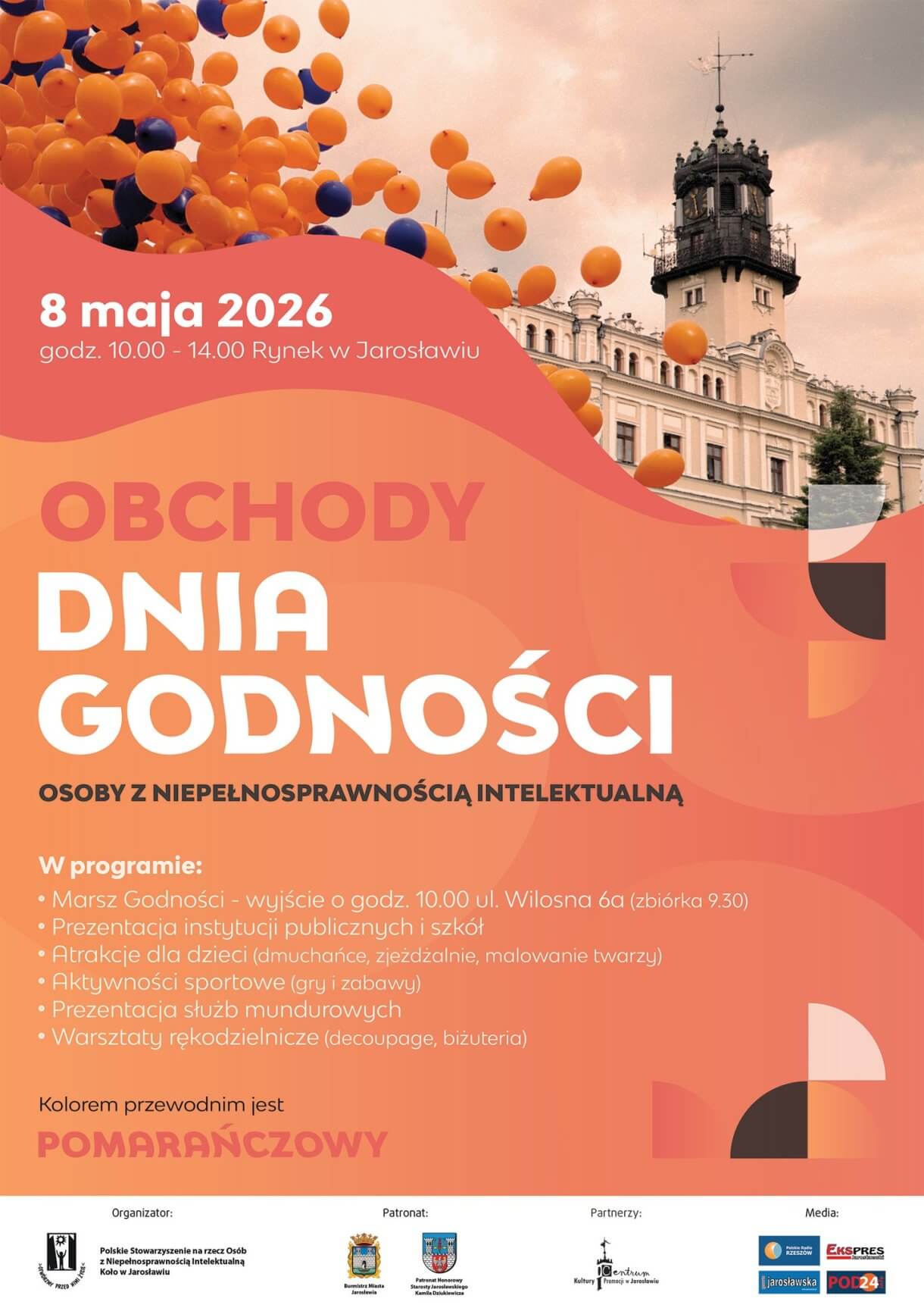 Już w najbliższy piątek zapraszamy Was na wyjątkowe wydarzenie – Obchody Dnia Godności Osoby z Niepełnosprawnością Intelektualną To ważne święto, które przypomina, jak istotne są szacunek, równe prawa oraz pełne uczestnictwo w życiu społecznym każdego człowieka. Chcemy wspólnie zwrócić uwagę na godność osób z niepełnosprawnością intelektualną oraz ich prawo do aktywnego udziału w życiu rodzinnym, zawodowym i społecznym. 8 maja 2026  Marsz Godności Zbiórka uczestników od godz. 9:30 Start o godz. 10:00 – ul. Wilsona 6a W programie wydarzenia: prezentacje instytucji publicznych i szkół atrakcje dla dzieci (dmuchańce, zjeżdżalnie, malowanie twarzy) aktywności sportowe i wspólne zabawy pokazy służb mundurowych warsztaty rękodzielnicze (decoupage, biżuteria)  Kolorem przewodnim wydarzenia jest pomarańczowy – załóżcie coś w tym kolorze i razem pokażmy, że solidarność, otwartość i szacunek mają ogromną moc! Patronat honorowy: Kamil Dziukiewicz Starosta Powiatu Jarosławskiego oraz Marcin Nazarewicz Burmistrz Miasta Jarosławia Miasto Jarosław Powiat Jarosławski Partner: Centrum Kultury i Promocji w Jarosławiu Patronat medialny: Polskie Radio Rzeszów, Ekspres Jarosławski, Gazeta Jarosławska, Pod24 