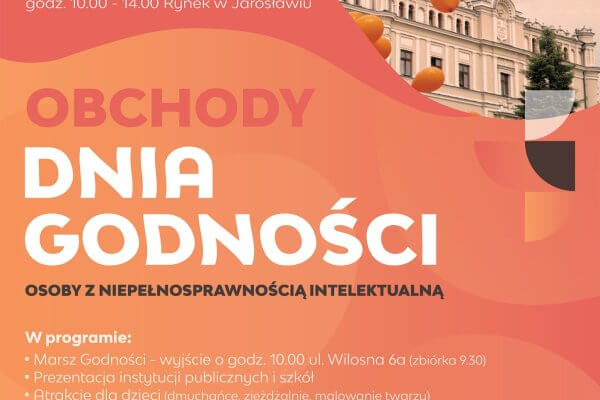 Już w najbliższy piątek zapraszamy Was na wyjątkowe wydarzenie – Obchody Dnia Godności Osoby z Niepełnosprawnością Intelektualną To ważne święto, które przypomina, jak istotne są szacunek, równe prawa oraz pełne uczestnictwo w życiu społecznym każdego człowieka. Chcemy wspólnie zwrócić uwagę na godność osób z niepełnosprawnością intelektualną oraz ich prawo do aktywnego udziału w życiu rodzinnym, zawodowym i społecznym. 8 maja 2026  Marsz Godności Zbiórka uczestników od godz. 9:30 Start o godz. 10:00 – ul. Wilsona 6a W programie wydarzenia: prezentacje instytucji publicznych i szkół atrakcje dla dzieci (dmuchańce, zjeżdżalnie, malowanie twarzy) aktywności sportowe i wspólne zabawy pokazy służb mundurowych warsztaty rękodzielnicze (decoupage, biżuteria)  Kolorem przewodnim wydarzenia jest pomarańczowy – załóżcie coś w tym kolorze i razem pokażmy, że solidarność, otwartość i szacunek mają ogromną moc! Patronat honorowy: Kamil Dziukiewicz Starosta Powiatu Jarosławskiego oraz Marcin Nazarewicz Burmistrz Miasta Jarosławia Miasto Jarosław Powiat Jarosławski Partner: Centrum Kultury i Promocji w Jarosławiu Patronat medialny: Polskie Radio Rzeszów, Ekspres Jarosławski, Gazeta Jarosławska, Pod24 