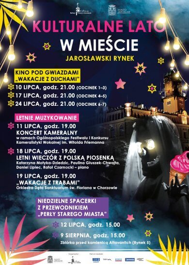 Lato najlepiej smakuje w sercu miasta!  Przez najbliższe tygodnie Jarosławski Rynek stanie się miejscem spotkań z filmem, muzyką i historią. Sprawdź, co przygotowaliśmy i zaplanuj wakacyjne wieczory z kulturą! Kino pod Gwiazdami – „Wakacje z duchami” | godz. 21:00 ⭐ 10 lipca – odcinki 1–3 ⭐ 17 lipca – odcinki 4–5 ⭐ 24 lipca – odcinki 6–7  Letnie Muzykowanie | godz. 19:00 🎼 11 lipca – Koncert Kameralny w ramach Ogólnopolskiego Festiwalu i Konkursu Kameralistyki Wokalnej im. Witolda Friemanna Rubato - Fundacja Muzyczna 🎤 18 lipca – Letni Wieczór z Polską Piosenką Sfera dźwięków - Akademia Wokalna Rzeszów 🎺 19 lipca – „Wakacje z Trąbami” – koncert Orkiestry Dętej Sanktuarium św. Floriana w Chorzowie  Niedzielne Spacery z Przewodnikiem „Perły Starego Miasta” | godz. 15:00 📍 12 lipca 📍 9 sierpnia Zbiórka przed kamienicą Attavantich (Rynek 5). Wstęp na wszystkie wydarzenia wolny!